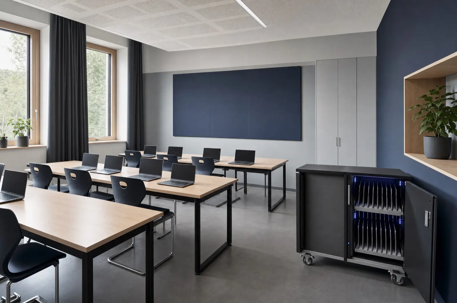 Moderner IT-Raum einer Schule mit Laptops und Ladewagen