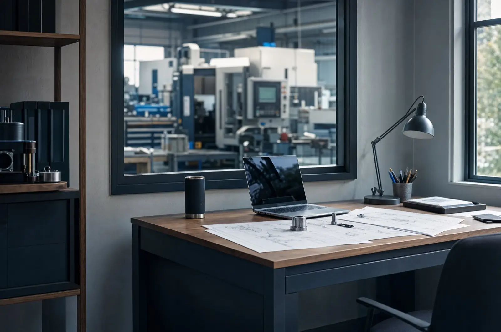 Büro eines Industriebetriebs mit Werkstatt im Hintergrund